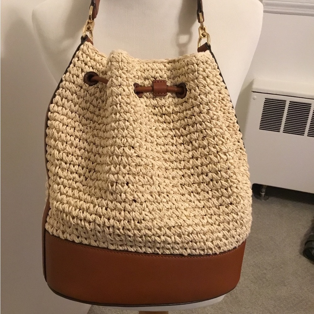Lauren by RALPH LAUREN “Andie”Bucket Drawstring Straw & Leather Crossbody NWOT - Picture 6 of 16